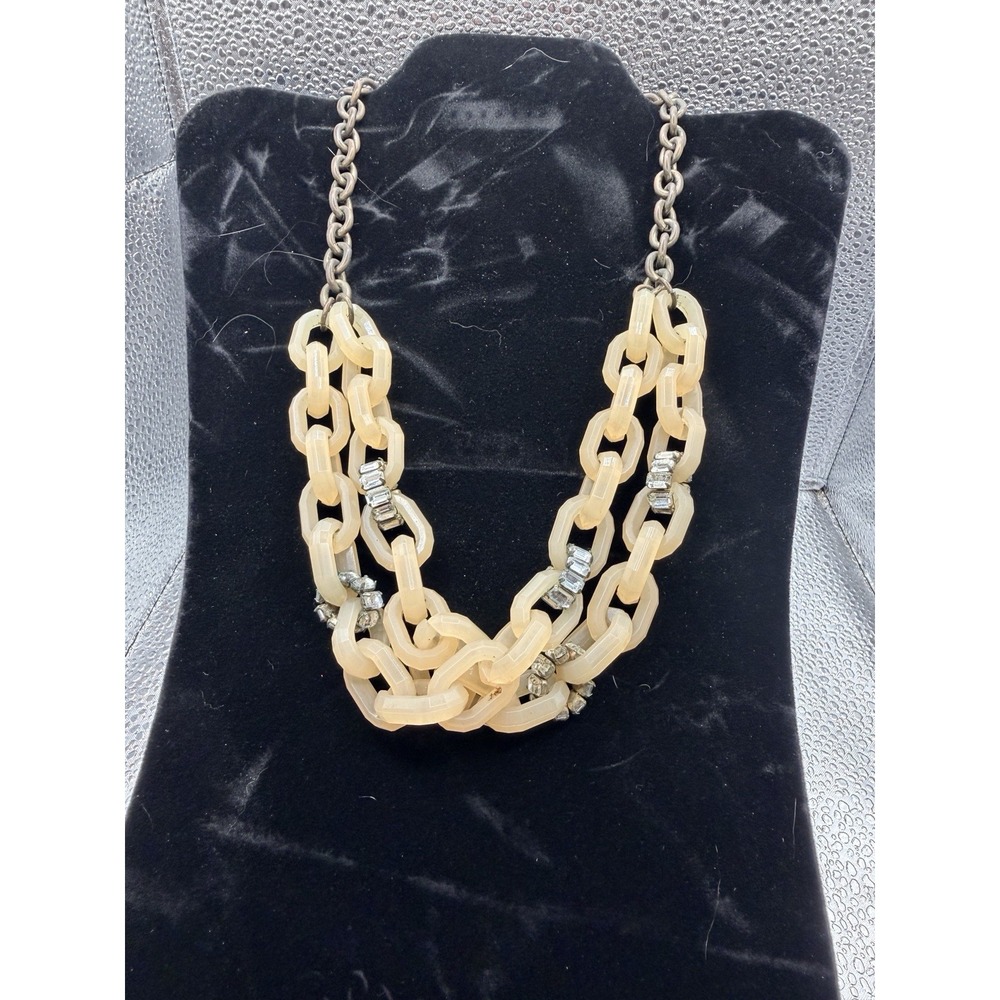 Vintage J. Crew Chunky Beige Acrylic Link Rhinestone Spacer Necklace 21-24"